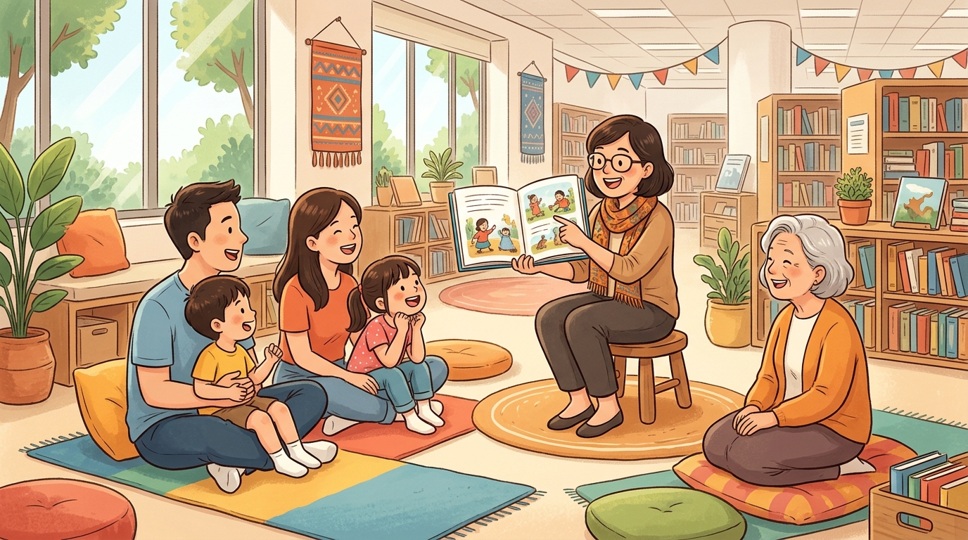 Cartoon illustration of a family at Pasir Ris Public Library: a free National Day storytelling session for families.