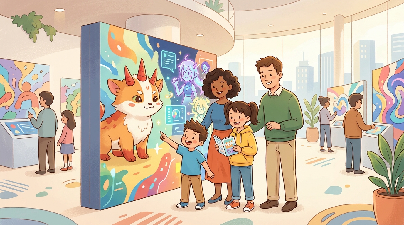 Cartoon illustration of a family at JAM SPACE, MBK Center: a family-friendly Digimon anniversary exhibition at MBK Center.