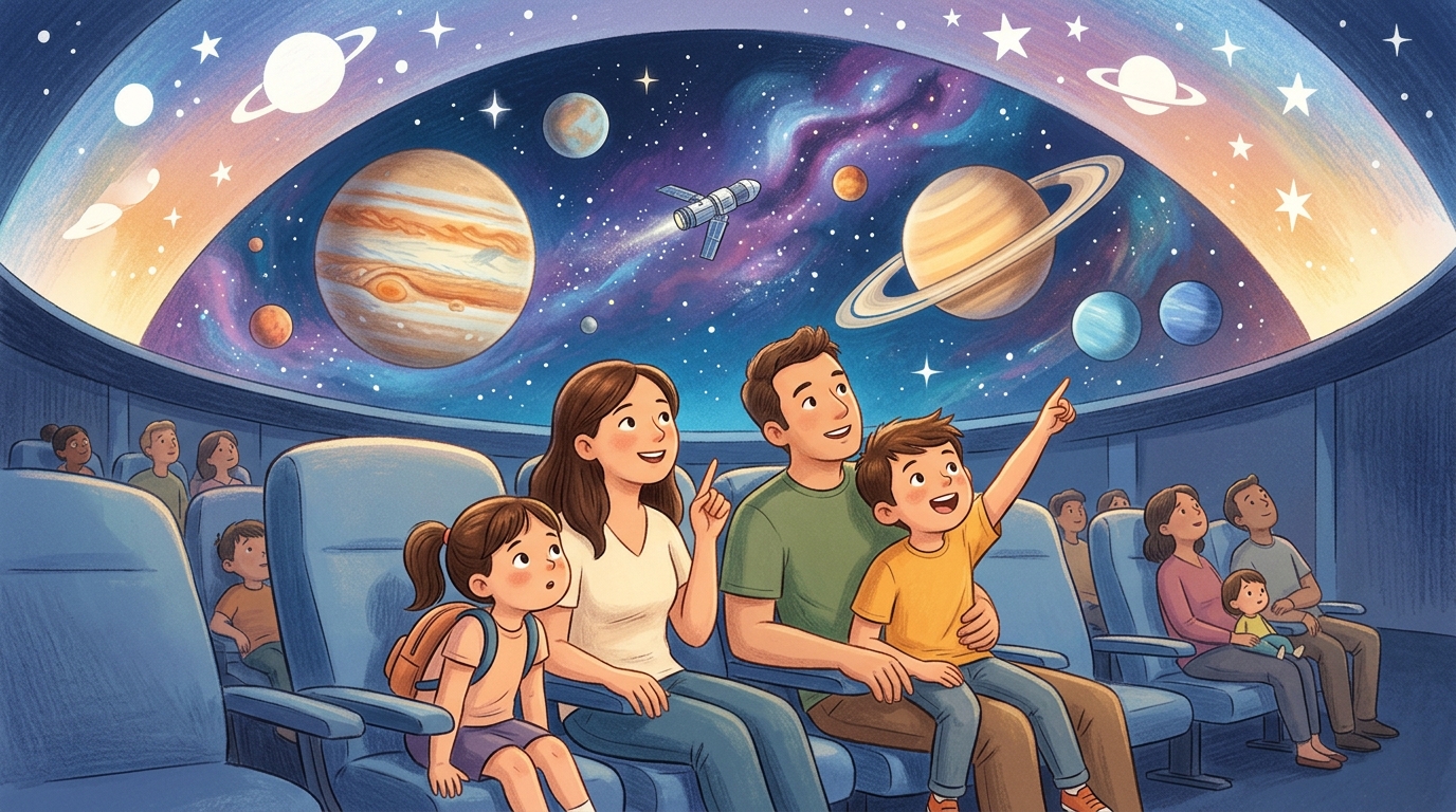 Cartoon illustration of a family at Taipei Astronomical Museum: a bilingual 26-minute adventure through the solar system.