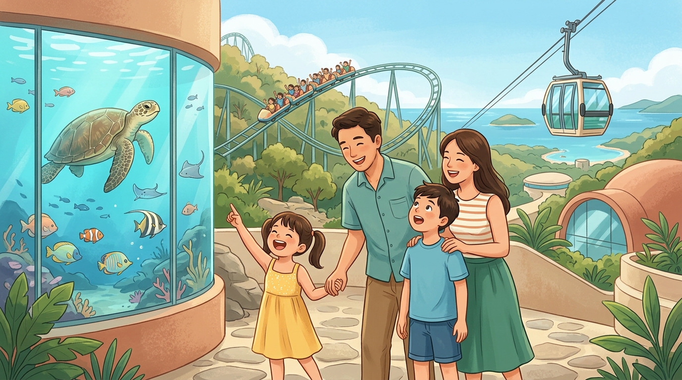 Cartoon illustration of a family at Ocean Park Hong Kong: marine life, animals, rides and family entertainment.