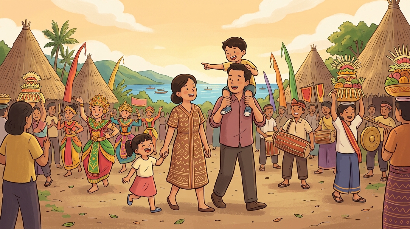 Cartoon illustration of a family at Labuan Bajo and West Manggarai: cultural processions and community festivities in West Manggarai.