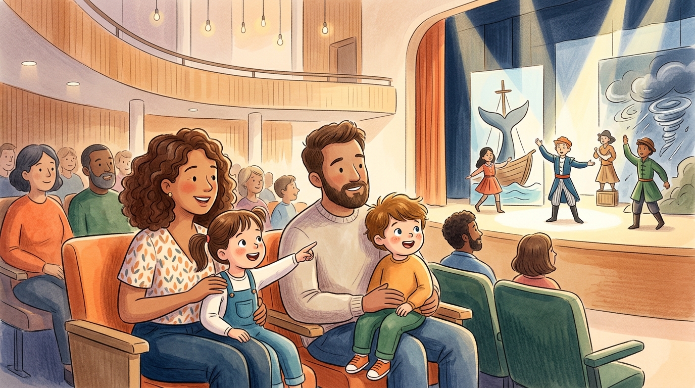 Cartoon illustration of a family at The Platform at Menara KEN TTDI: a youth theatre double bill in Kuala Lumpur.