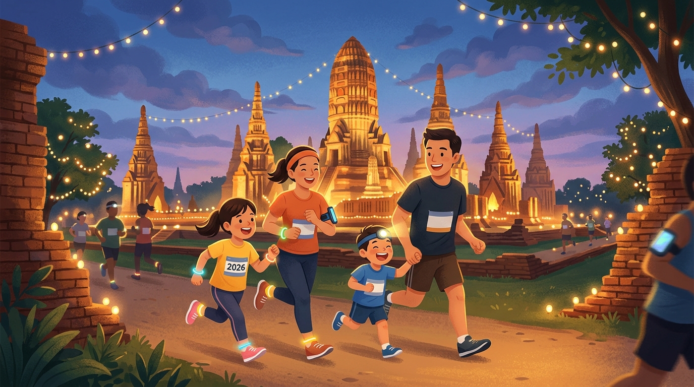 Cartoon illustration of a family at Wat Mahathat, Ayutthaya.