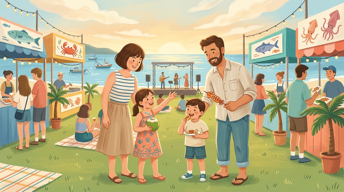 Cartoon illustration of a family at Maharaj Club Grounds, Pran Buri.