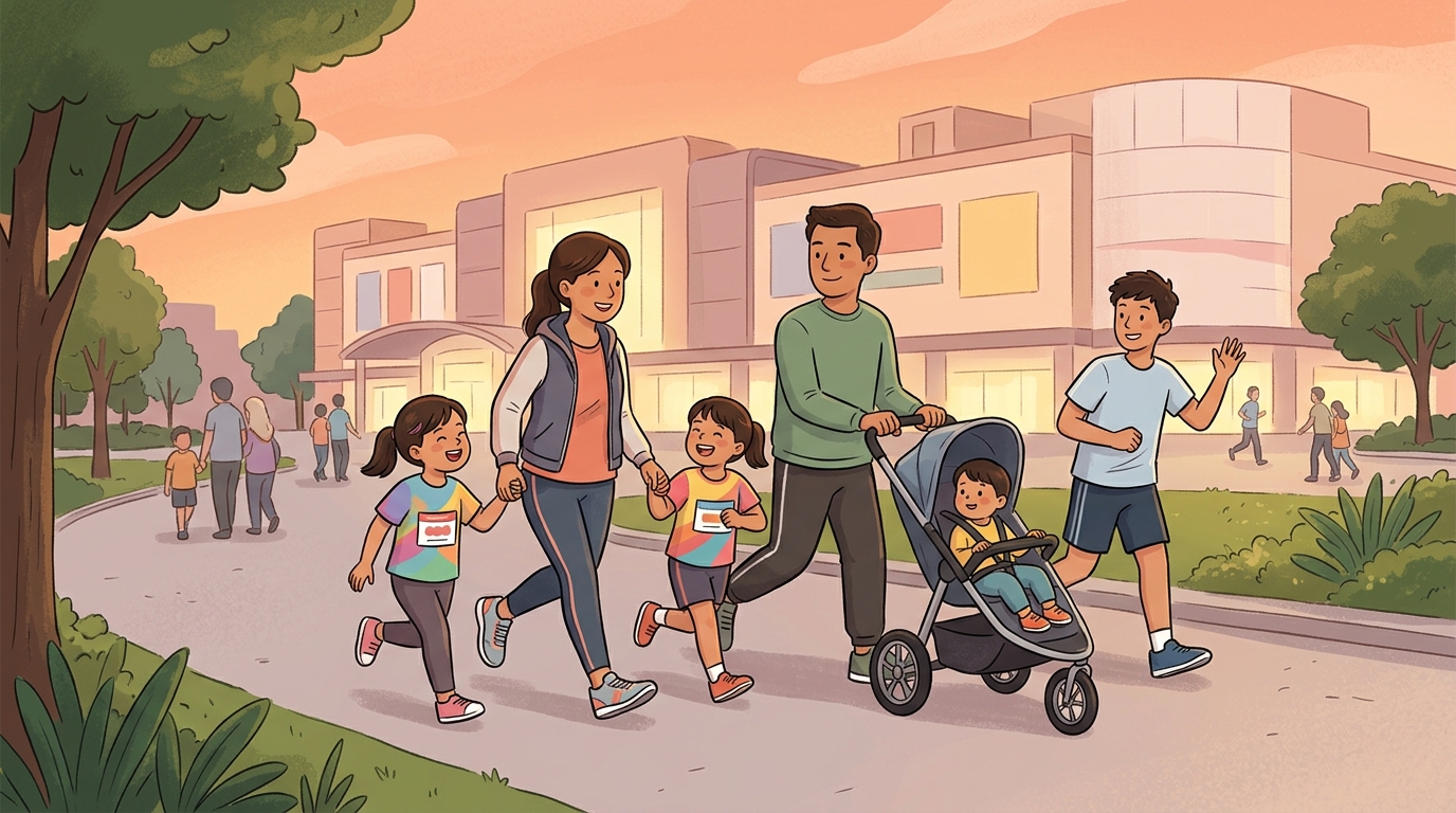 Cartoon illustration of a family at Mydin Mall MITC: An evening 3 km fun run promoted for all ages, families and friends.