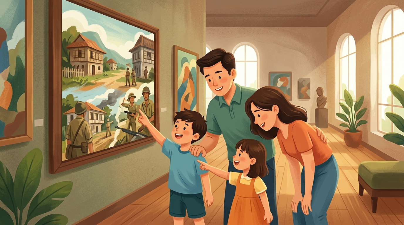 Cartoon illustration of a family at Ayala Museum: an art-and-history program examining Philippine visual responses to World War II.