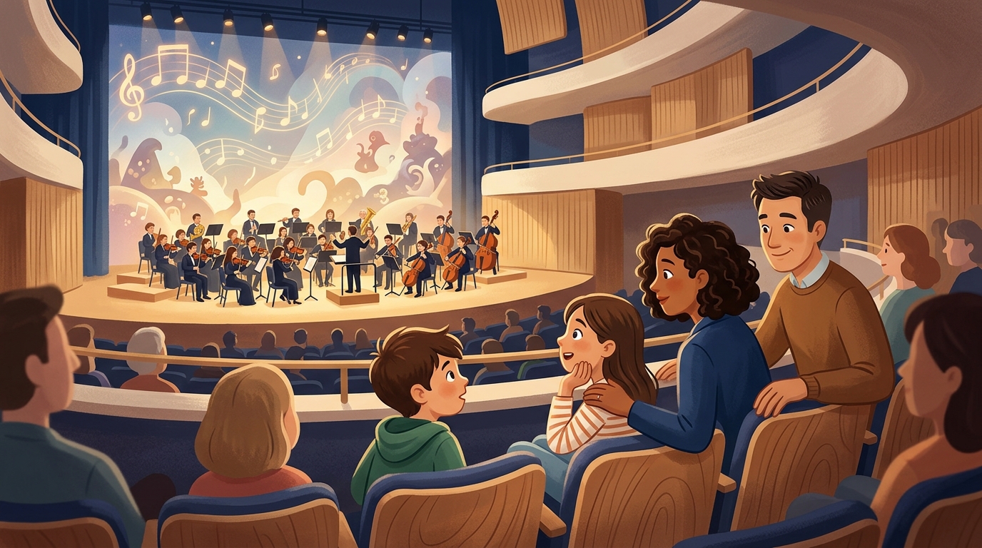 Cartoon illustration of a family at Esplanade Concert Hall: A 105-minute live orchestral concert of music from UNDERTALE for ages 6 and above.