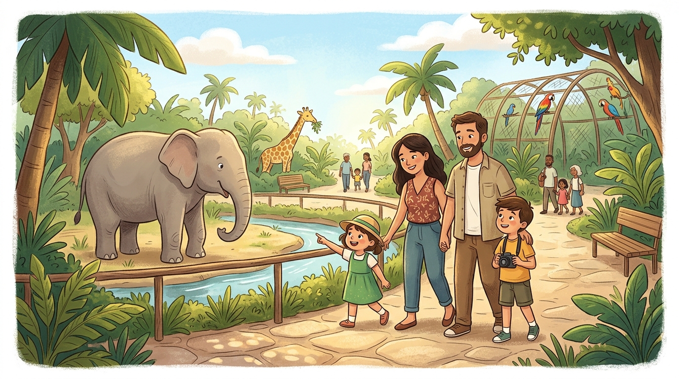 Cartoon illustration of a family at Manila Zoo: a family wildlife visit with live animals and outdoor walking areas.