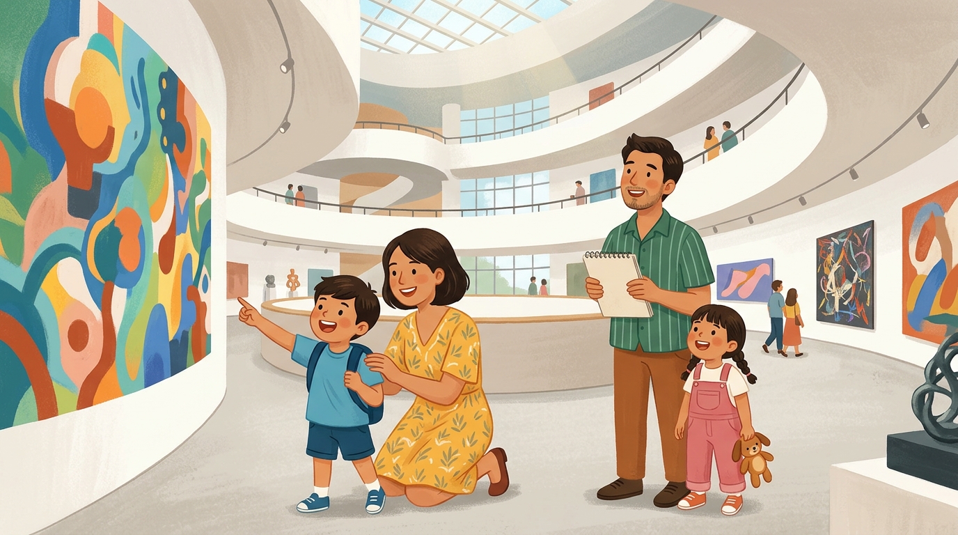 Cartoon illustration of a family at Bangkok Art and Culture Centre, Bangkok.