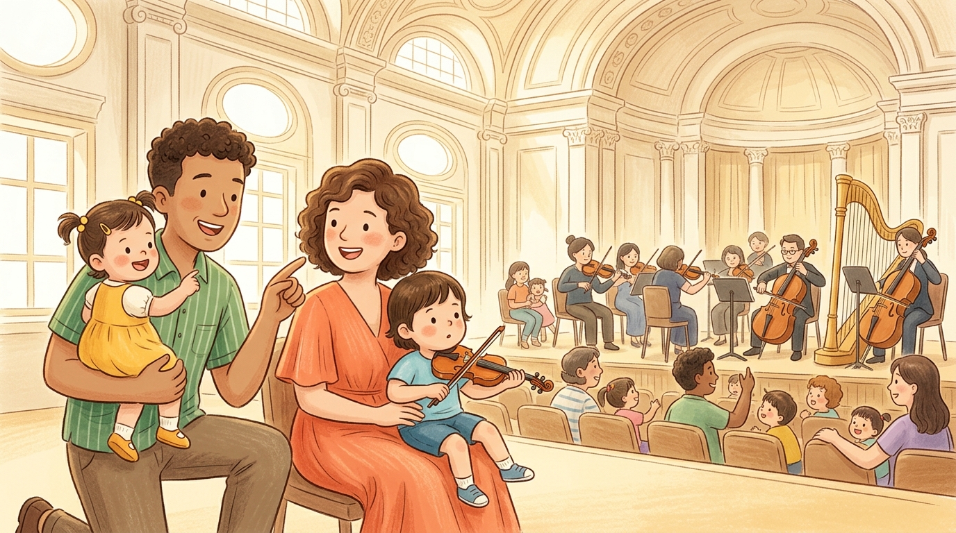 Cartoon illustration of a family at Victoria Concert Hall: A relaxed orchestral introduction for children aged 6 and below.
