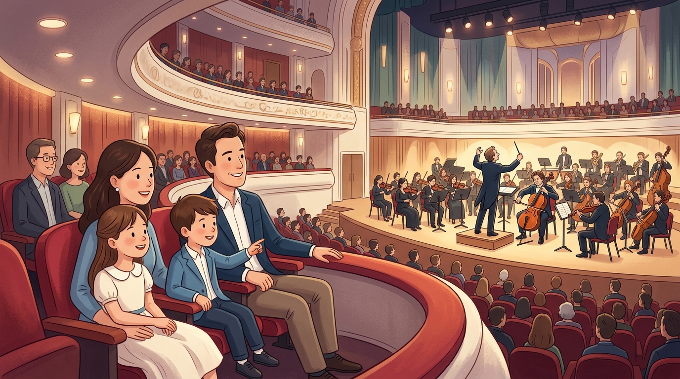 Cartoon illustration of a family at Esplanade Concert Hall: A Singapore Symphony Orchestra concert for audiences aged 7 and above.