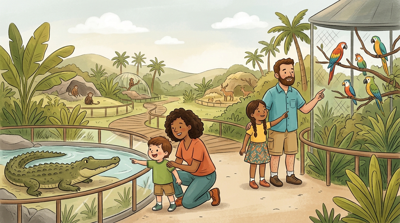 Cartoon illustration of a family at Davao Crocodile Park and Zoo, Davao City.