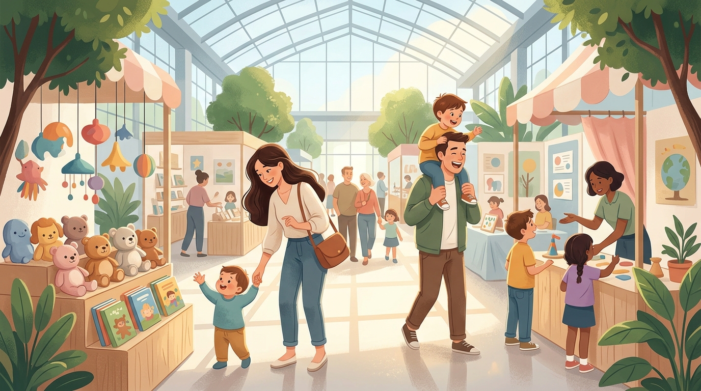 Cartoon illustration of a family at Vietnam Exposition Center (VEC): A free maternity, baby and kids fair at VEC Hanoi.