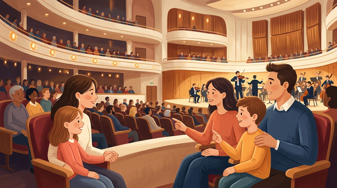 Cartoon illustration of a family at Esplanade Concert Hall: A Singapore Symphony Orchestra violin concert for audiences aged 7 and above.