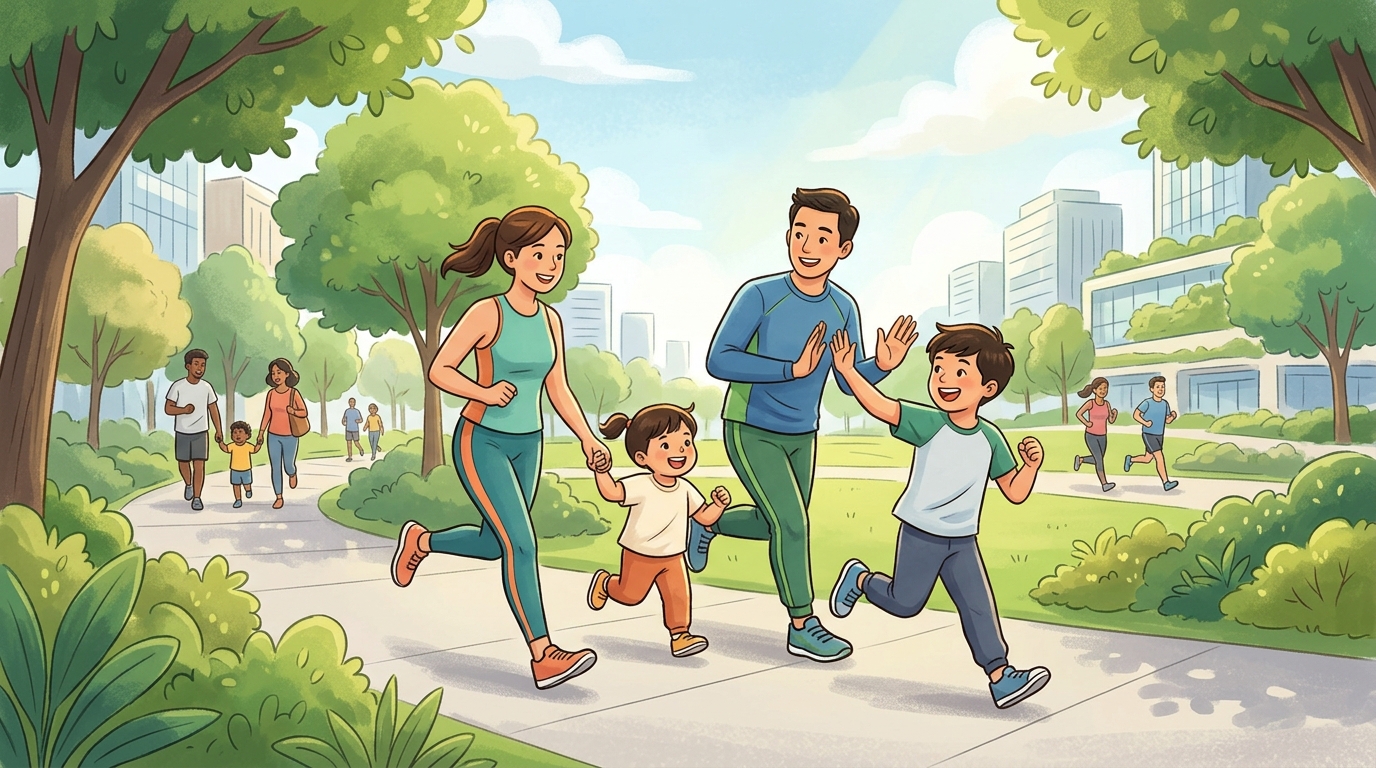 Cartoon illustration of a family at Filinvest City: a community run with distances designed for runners and families.