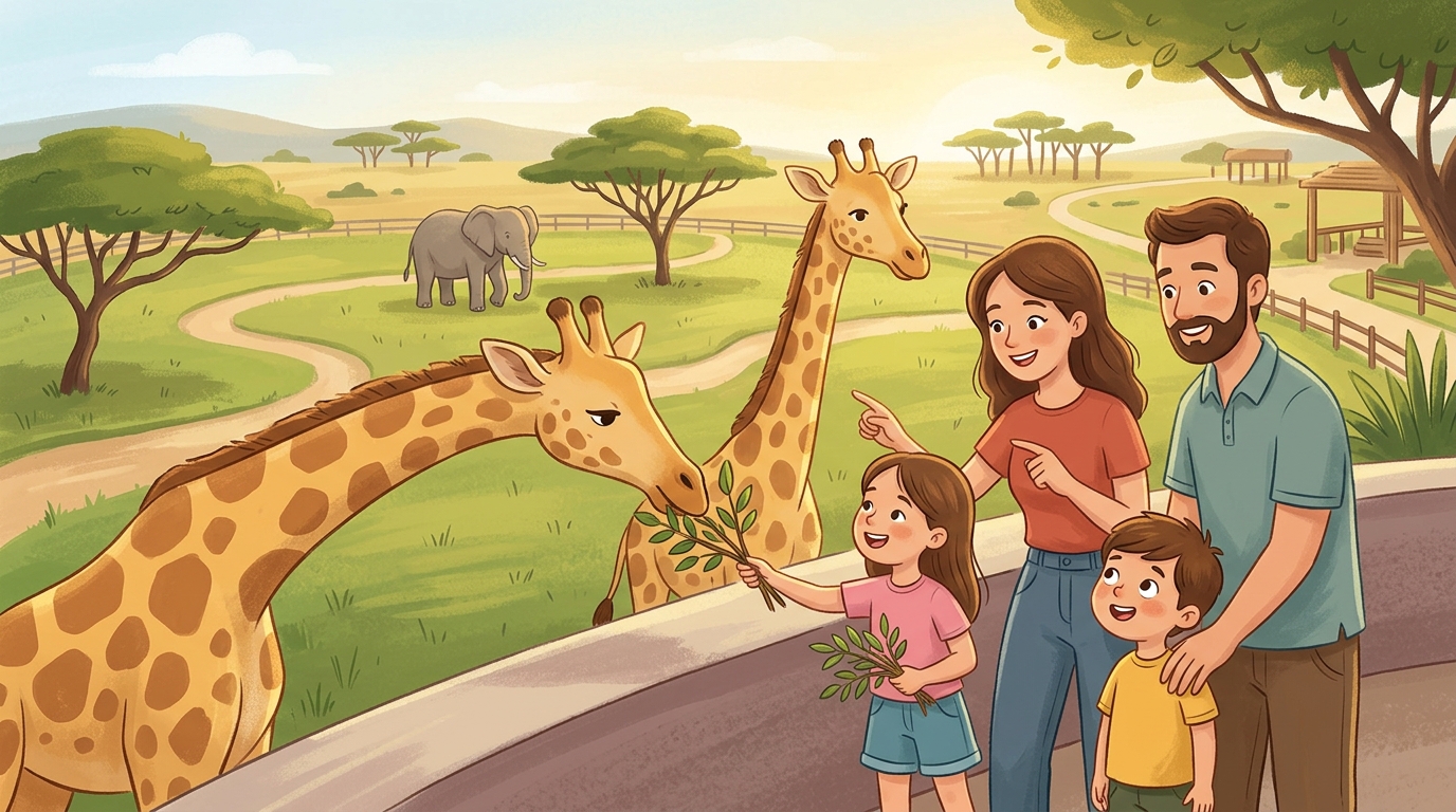 Cartoon illustration of a family at Clark Safari and Adventure Park, Mabalacat.