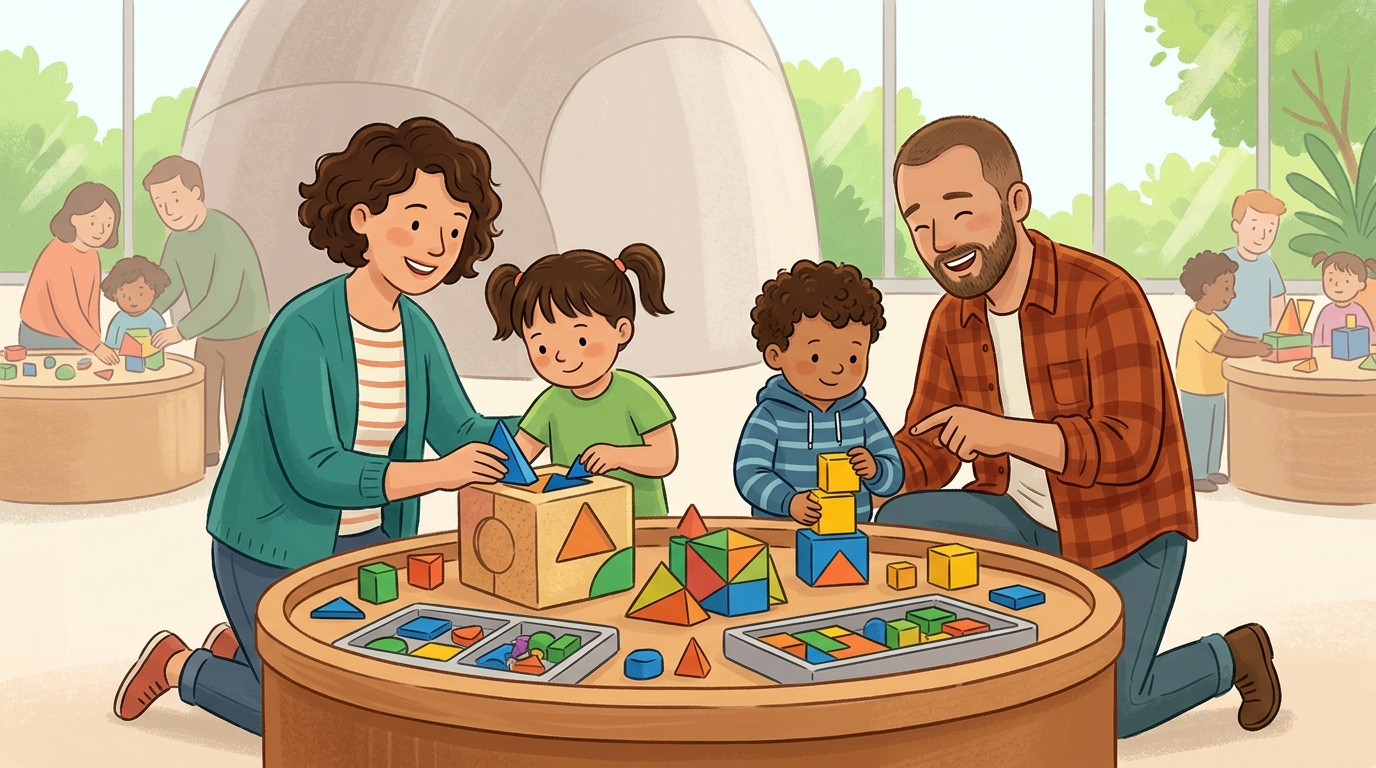 Cartoon illustration of a family at KidsSTOP, Science Centre Singapore: A one-hour hands-on family science session for children aged 3 to 9.
