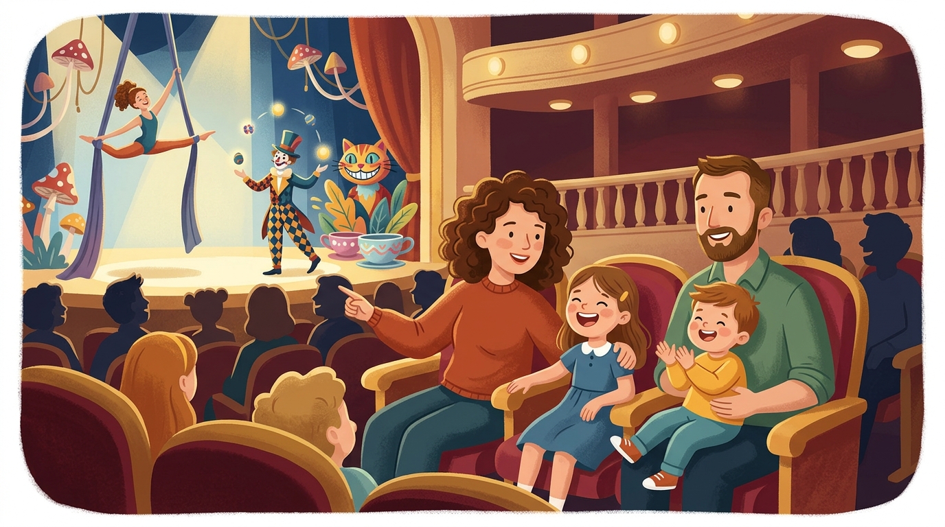 Cartoon illustration of a family at The Theatre at Solaire: An all-ages circus adaptation of Alice in Wonderland with acrobatics, puppetry and music.