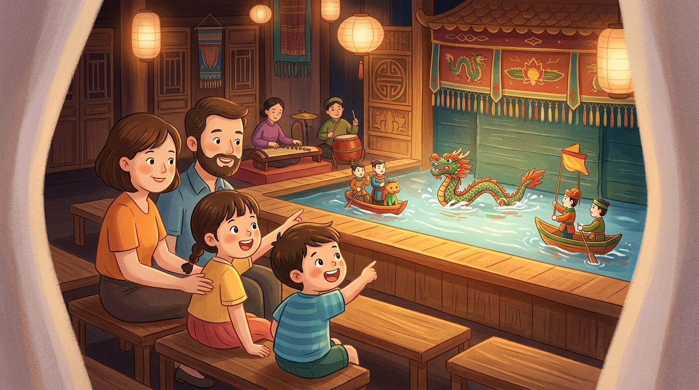Cartoon illustration of a family at Golden Dragon Water Puppet Theater, Ho Chi Minh City.