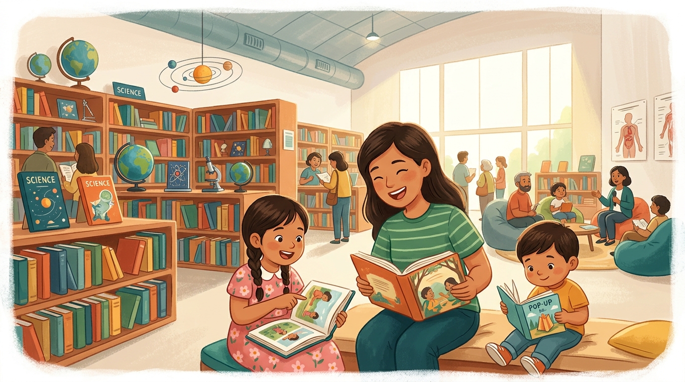 Cartoon illustration of a family at SMX Convention Center Manila: The Philippines’ major book fair for readers, students, educators and families.
