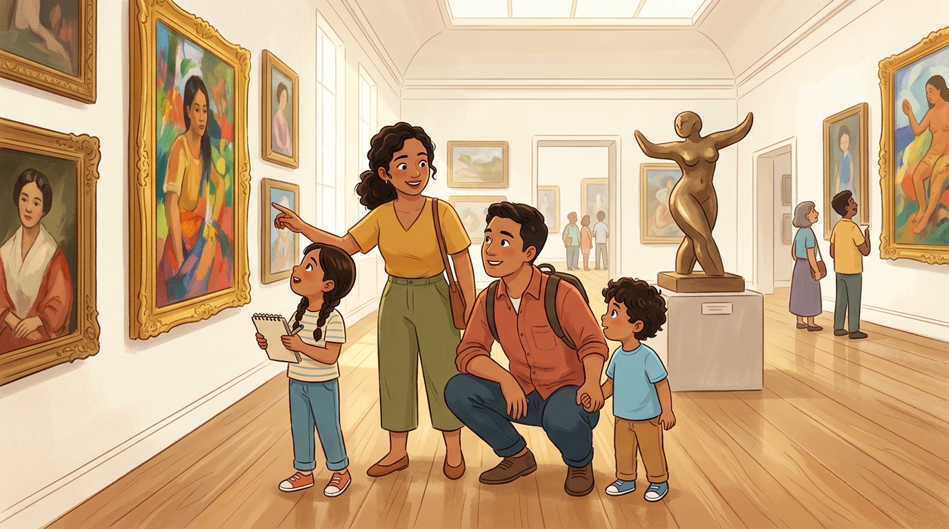Cartoon illustration of a family at National Museum of Fine Arts, Manila.