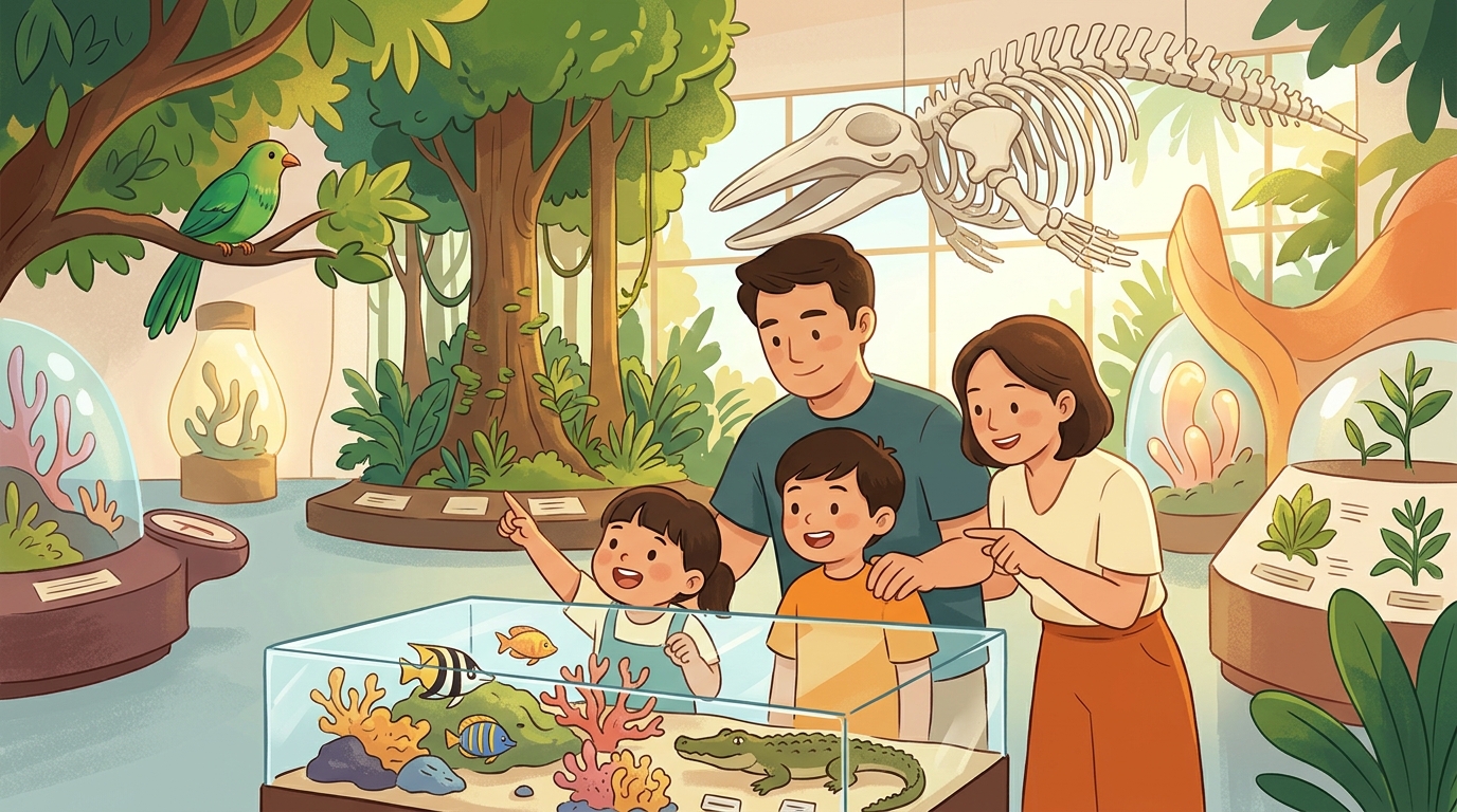 Cartoon illustration of a family at National Museum of Natural History, Manila.