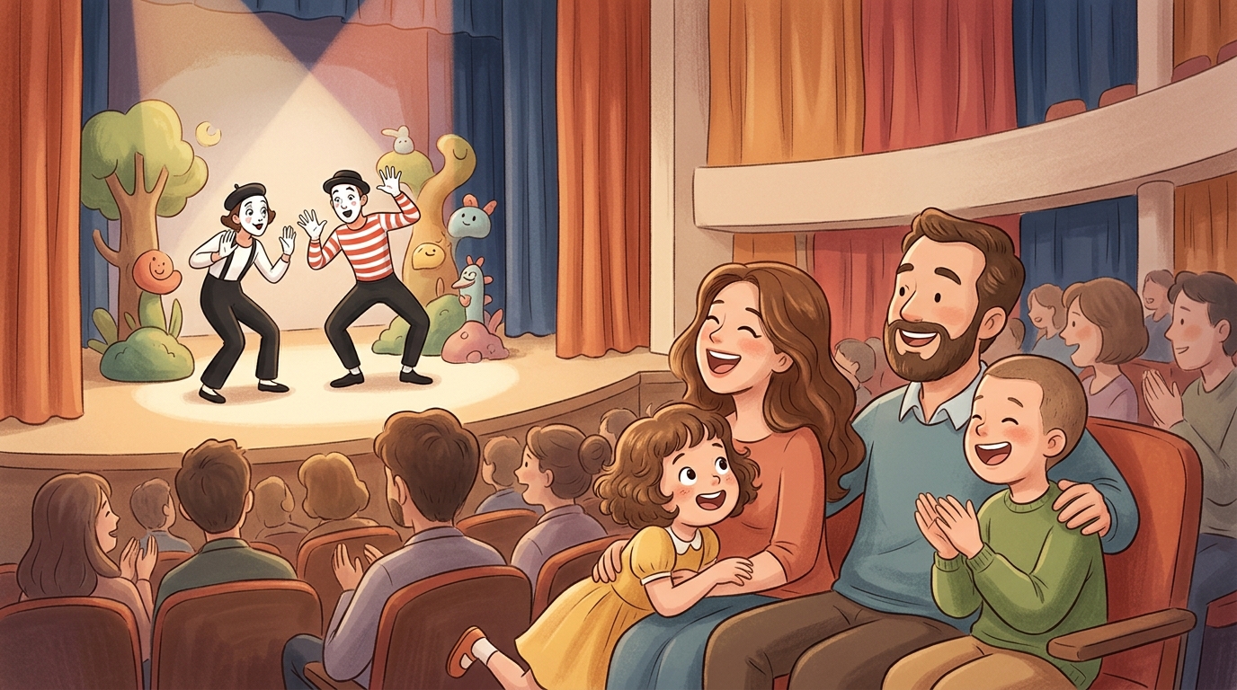 Cartoon illustration of a family at Muang Thai Life Assurance Auditorium, Bangkok.