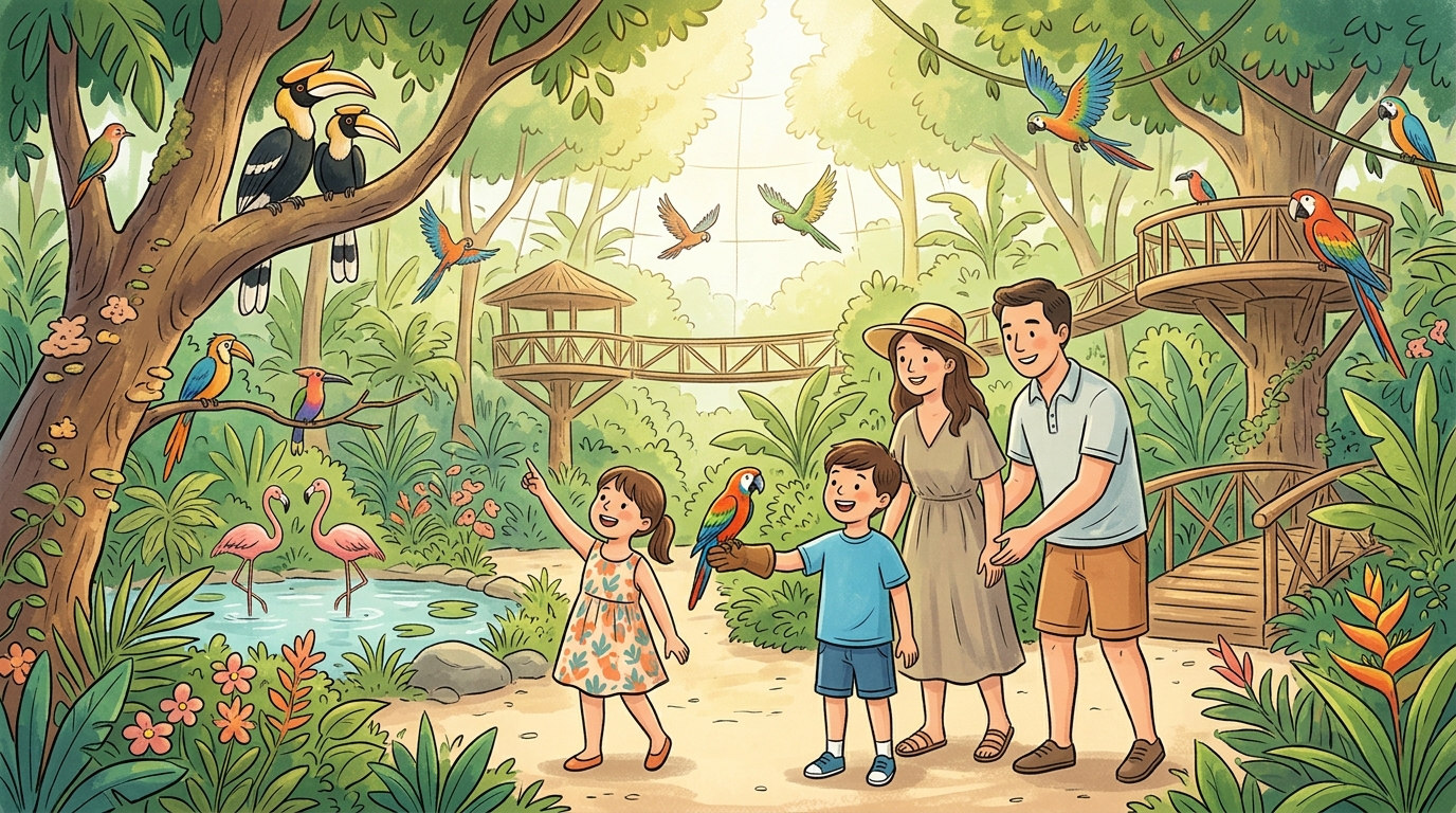 Cartoon illustration of a family at Bird Paradise, Singapore.