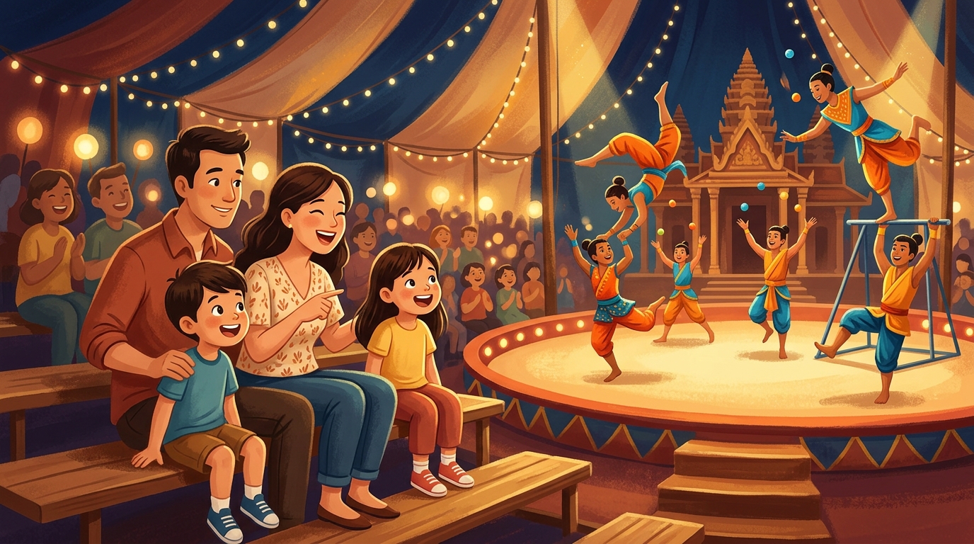 Cartoon illustration of a family at Phare, The Cambodian Circus: A humorous Cambodian circus take on cultural differences, recommended here for ages 5 and above.