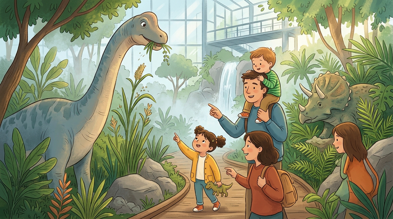Cartoon illustration of a family at Cloud Forest, Gardens by the Bay, Singapore.