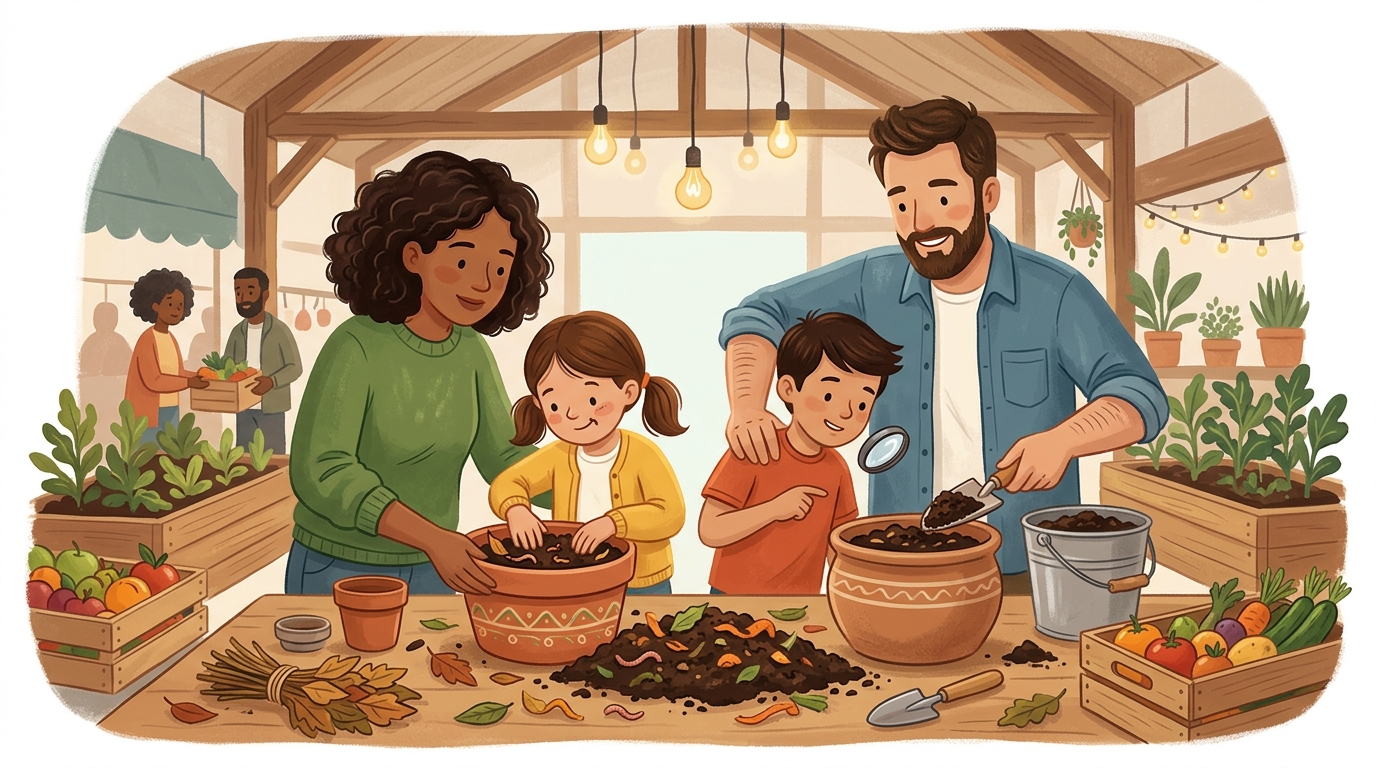 Cartoon illustration of a family at REXKL: A free hands-on composting and soil-life workshop for children aged 5 and above.