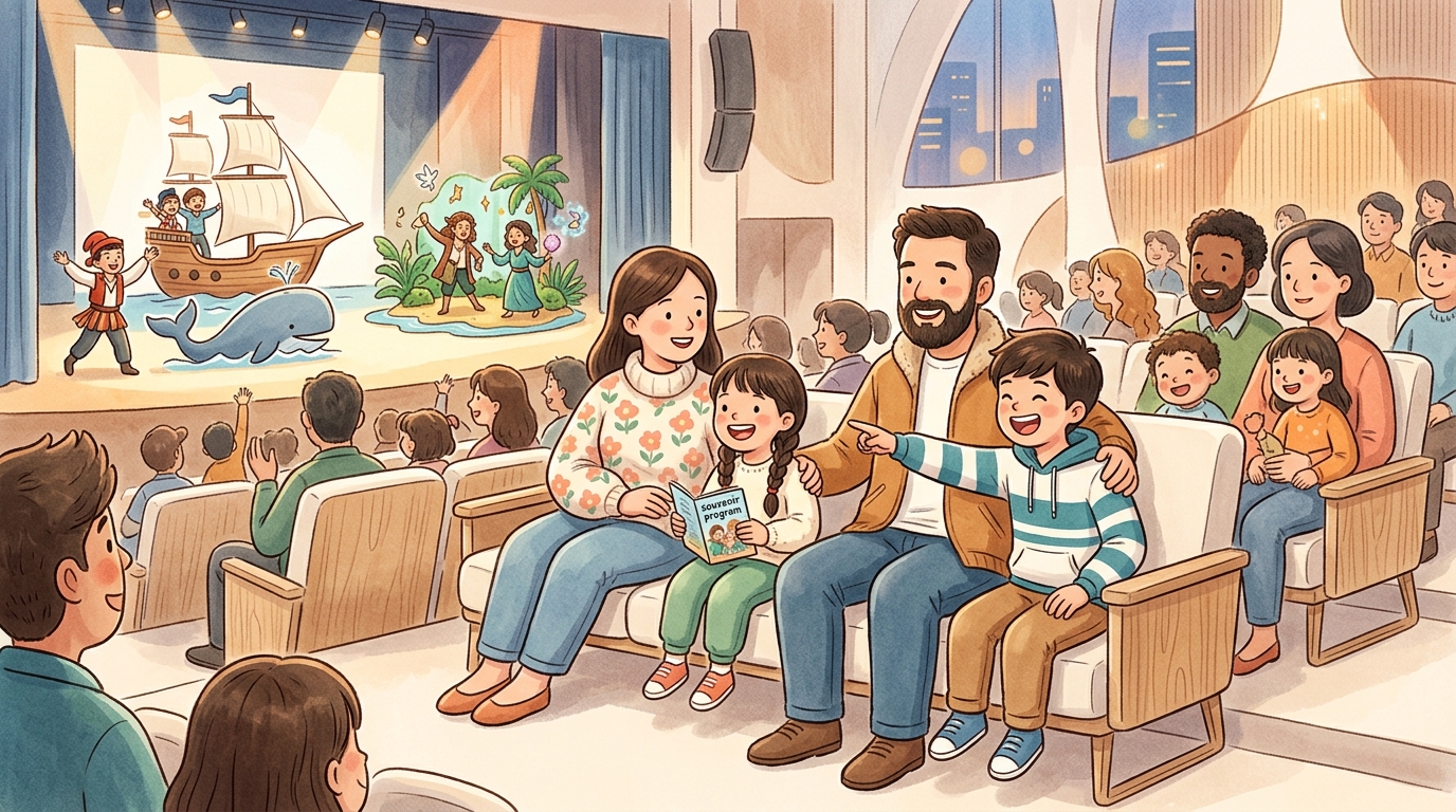 Cartoon illustration of a family at The Platform at Menara KEN TTDI: a youth theatre double bill in Kuala Lumpur.