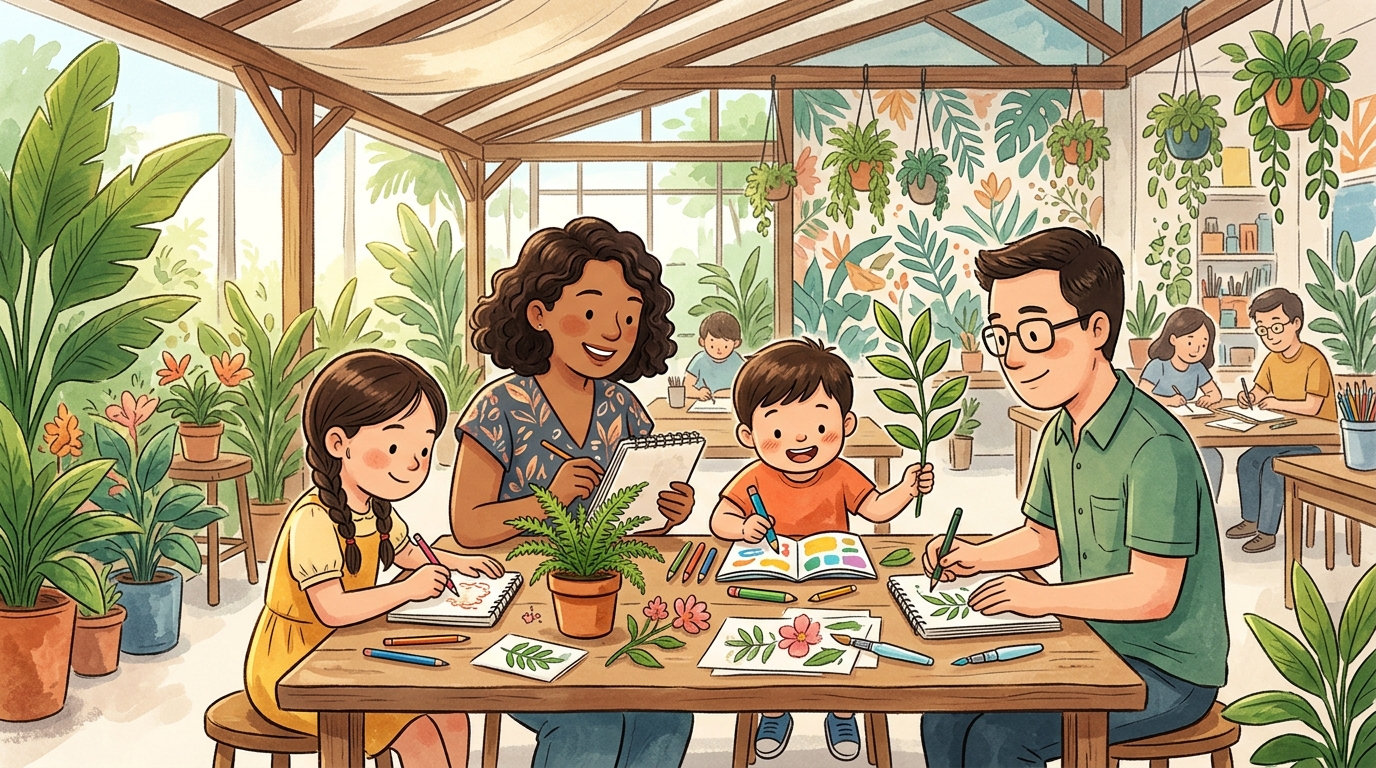 Cartoon illustration of a family at REXKL: A free all-ages nature-journaling workshop; children under 12 attend with an adult.