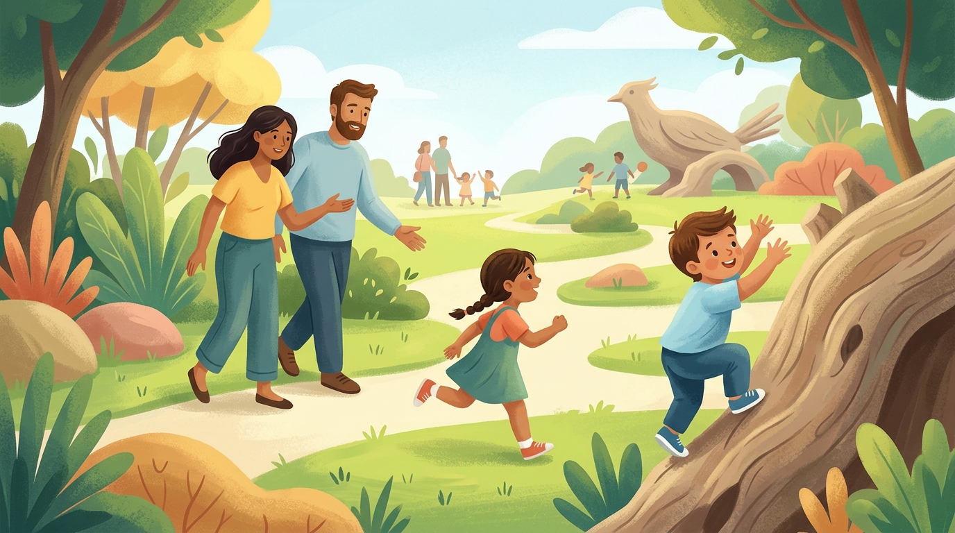 Cartoon illustration of a family at Mandai Wildlife West, Singapore.