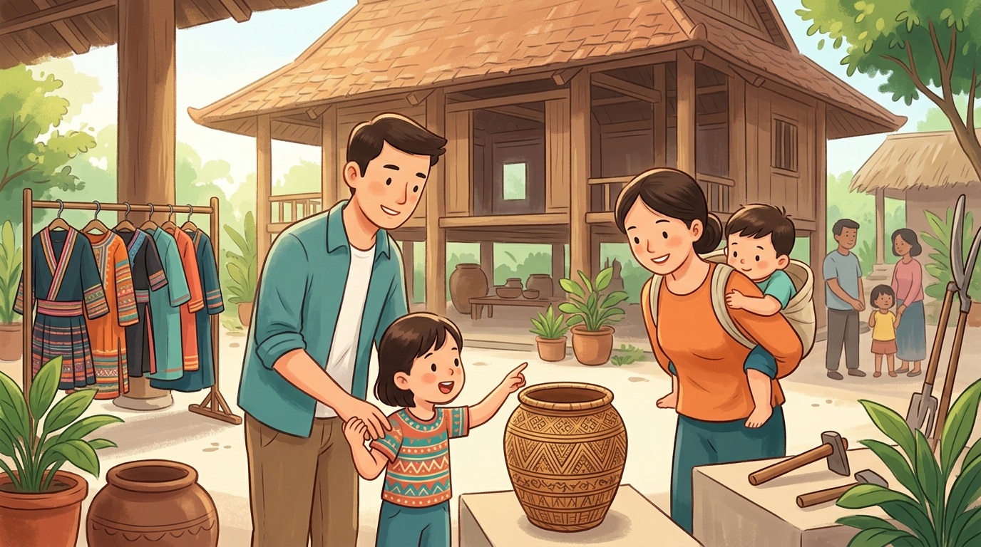 Cartoon illustration of a family at Vietnam Museum of Ethnology, Hanoi.