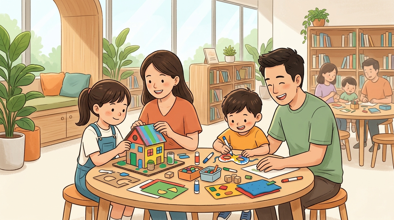 Cartoon illustration of a family at Pasir Ris Public Library: a free library making session for school-age children.
