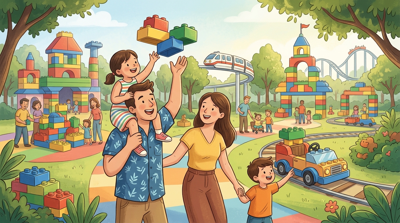 Cartoon illustration of a family at LEGOLAND Malaysia Resort: lEGO rides, play zones and family attractions in Johor.