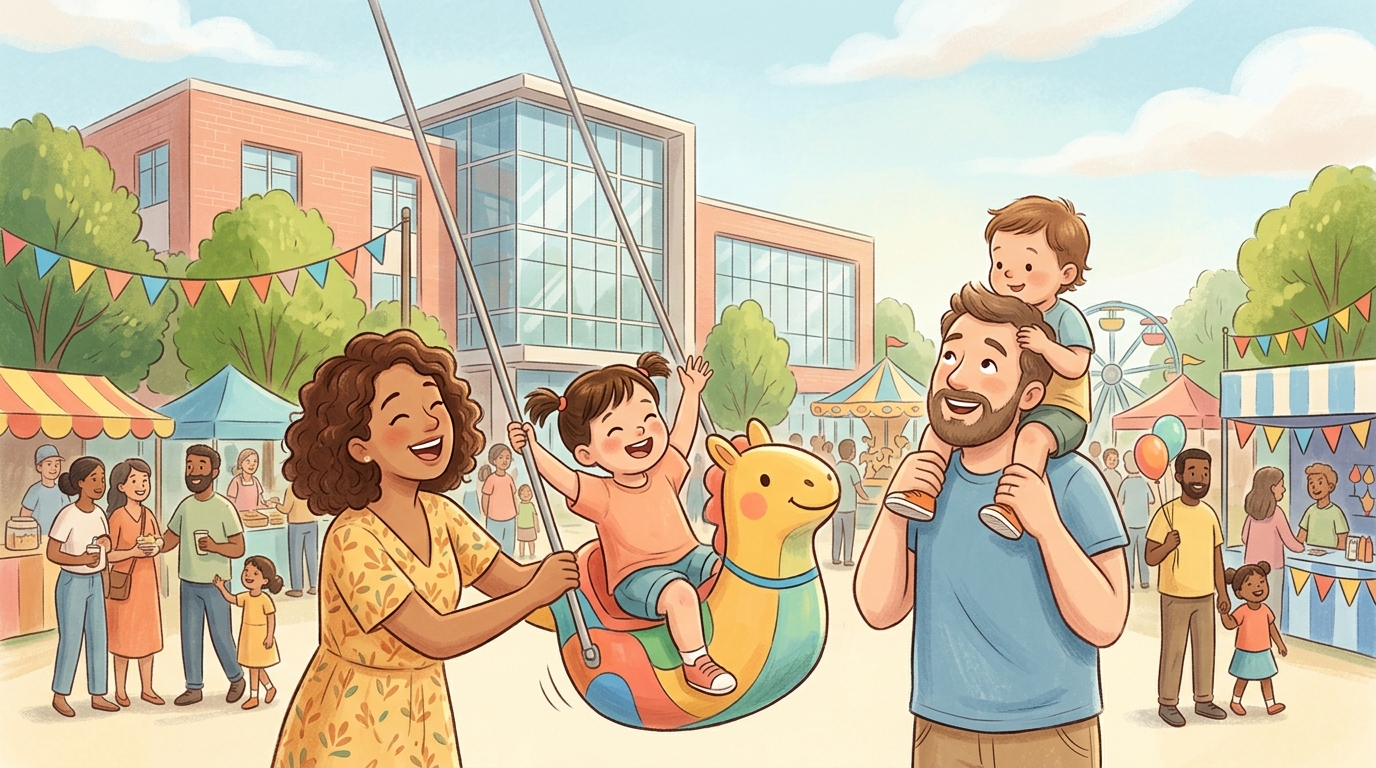 Cartoon illustration of a family at Taylor’s International School Puchong: A public family carnival at Taylor’s International School Puchong.