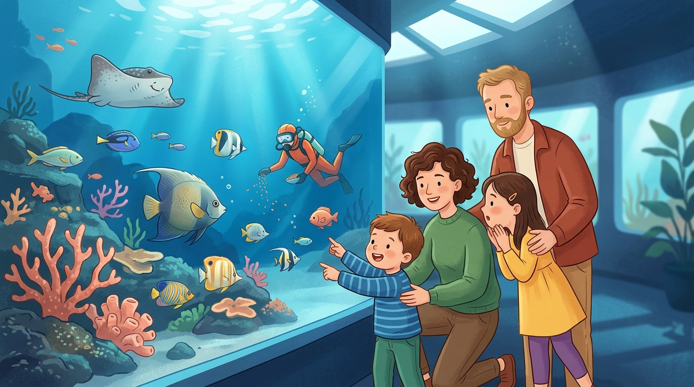Cartoon illustration of a family at Aquaria KLCC: follow scheduled animal feeds during an aquarium visit.