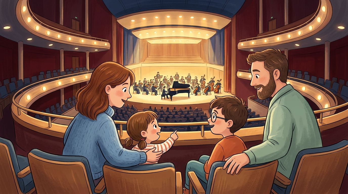 Cartoon illustration of a family at Esplanade Concert Hall: A two-hour piano recital open to audiences aged 3 and above.