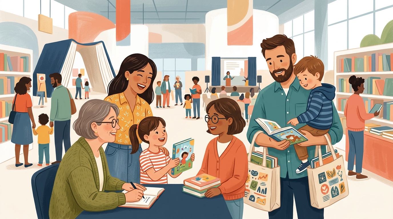 Cartoon illustration of a family at SMX Convention Center Manila, Metro Manila.