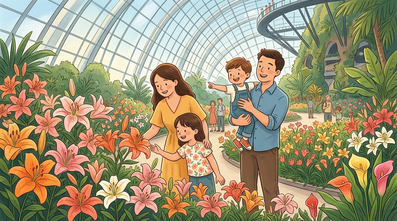 Cartoon illustration of a family at Flower Dome, Gardens by the Bay: a seasonal lily exhibition inside the Flower Dome.