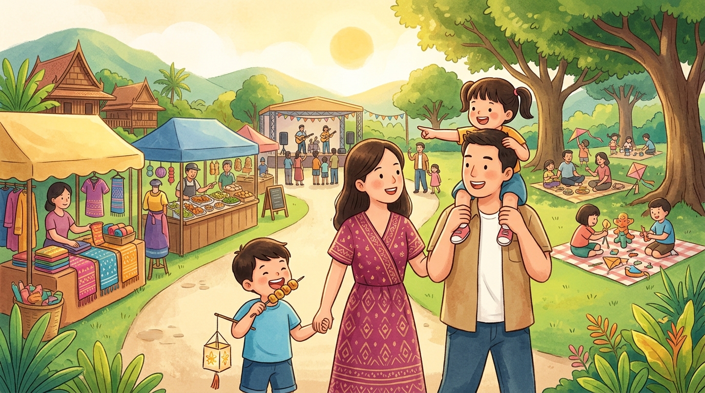 Cartoon illustration of a family at Dan Chang District Office, Suphan Buri.